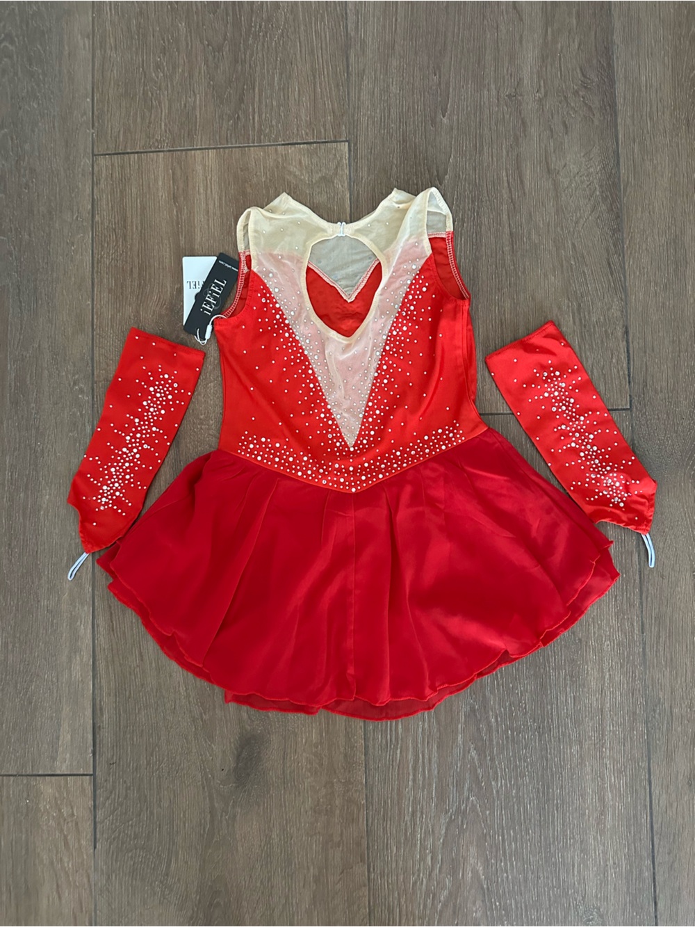 IEFIEL Red Rhinestone-Trim Girls' Dance Dress with Mesh Accent.